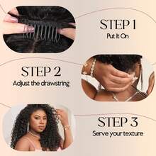 bling hair Burmese Curly 3 IN 1 Half Wigs Human Hair Wig Glueless Wig Ready To Wear Half Wig Drawstring Clip Burmese Curly Half Wig 24 Inch 250 Density - Natural Black - View 3