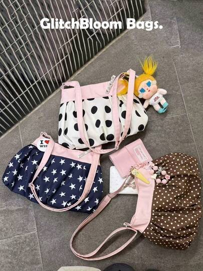 Women's Cute Pleated Underarm Bag, Pink Trim Polka Dot & Star Pattern Soft Fabric Shoulder Bag, Casual Daily Handbag, No Doll Pendant Accessory