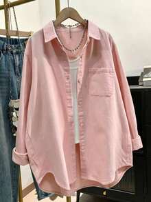 Camisa casual de mujer de unicolor con bolsillo y botones delanteros, primavera - Marrón oscuro - Ver 1