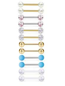 12pcs Set Minimalist Classic Stainless Steel Tongue Rings, Nipple Rings, Ball Studs, Body Jewelry Suitable For Women's Daily Wear - 12-piece Set - View 9