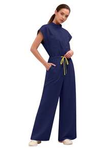 Women's Scrub Top Clinical Workwear Hospital Surgical Scrub Beauty Salon Lab Workwear With Pockets Dental Scrub Nursing One-Piece Scrub New Fall - Navy Blue - View 3