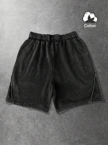 Men's Washed Black Snow-Wash Fabric Drawstring Waist Fashion Casual Shorts, Minimalist Print, Suitable For Daily Wear - Black - View 3