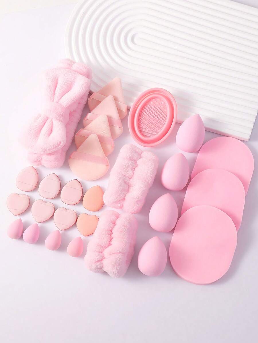 27件組美妝工具套裝,包含:1個髮帶+2個手持碗帶+4個三角粉撲+4個化妝海綿+8個迷你氣墊粉撲+3個臉部清潔海綿+1個化妝刷清潔工具+4個迷你化妝海綿 - 彩色 - 查看 1