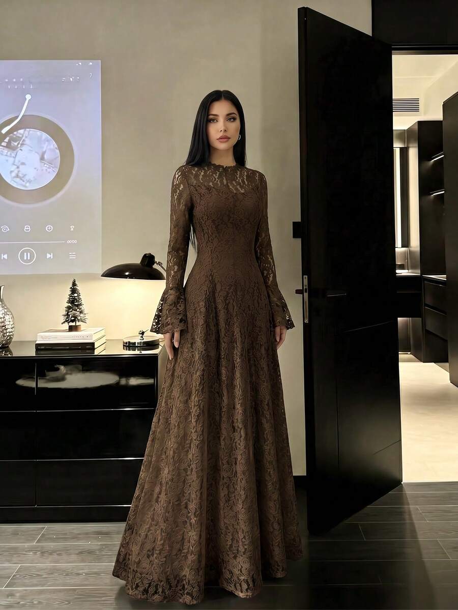 女士优雅蕾丝拼接高领收腰奢华纯色连衣裙,优雅褶皱荷叶边/荷叶边开衩下摆,适合婚礼穿着 - 咖啡棕 - 查看 1