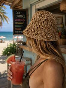 1PC Hollow Crochet Straw Bucket Hat, Breathable Knitted Sun Hat, Lightweight Beach Travel Bucket Hat For Summer Vacation Seaside Tripoots - Dark Khaki - View 6