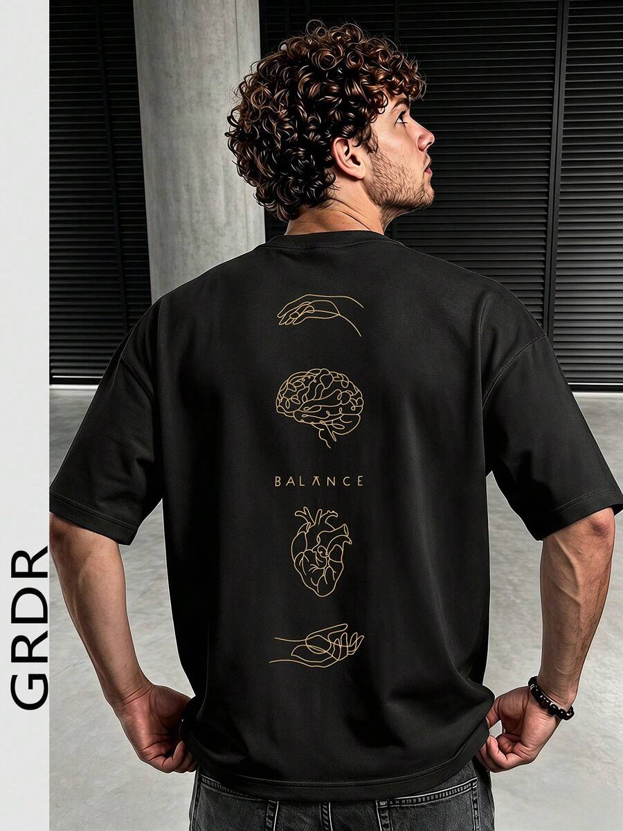 GRDR 男士时尚印花宽松短袖T恤 | 精致设计 | 夏季必备 | 易于搭配,展现您的风格 - 黑色 - 查看 1