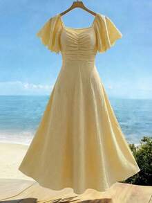 Vestido elegante y romántico de manga corta, cintura recogida y plisado en A, de longitud media, en color amarillo tejido, para primavera/ver - Amarillo - Ver 5