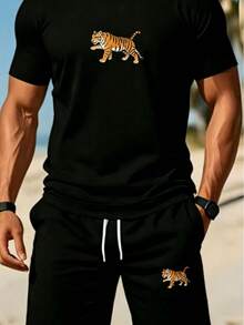 Men's Fashionable Short-Sleeve Set: Summer Crew Neck Short-Sleeve T-Shirt + Casual Shorts, 2pcs Sportswear Set With Flying Leopard Pattern Heat Transfer Print, Breathable Short-Sleeve Top, Men's Casual Sportswear Set,  T-Shirt + Shortssummer Tops Summer Clothes - 黑色 - 查看 1