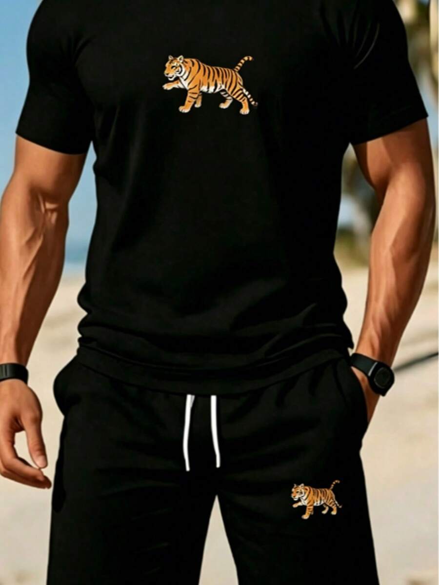 Men's Fashionable Short-Sleeve Set: Summer Crew Neck Short-Sleeve T-Shirt + Casual Shorts, 2pcs Sportswear Set With Flying Leopard Pattern Heat Transfer Print, Breathable Short-Sleeve Top, Men's Casual Sportswear Set, T-Shirt + Shortssummer Tops Summer Clothes - 黑色 - 查看 1