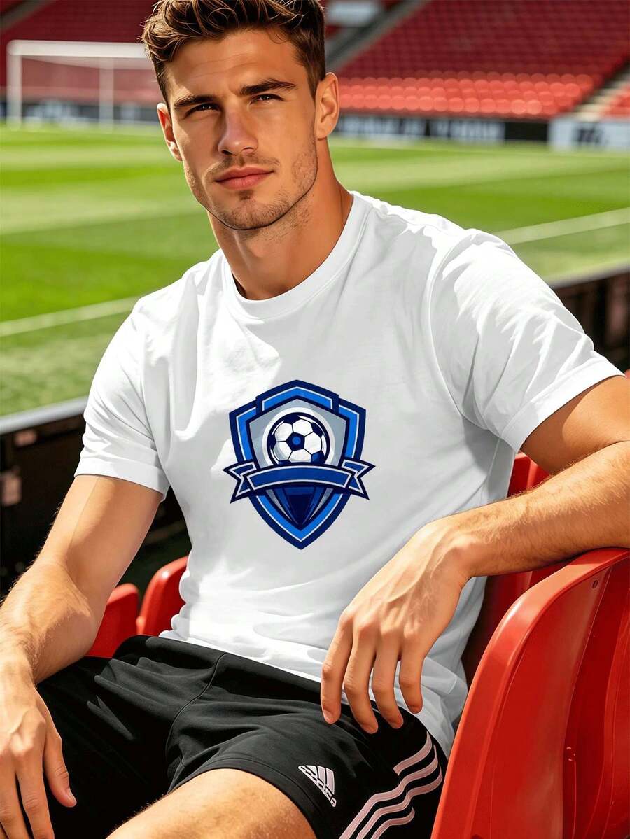 Herren-T-Shirt Mit Fu?Ballmotiv, L?Ssig, Frühling, Rundhalsausschnitt, Lockere Passform, Street Hip-Hop-Stil, Bequeme Passform, Kunstdruck - White - View 1