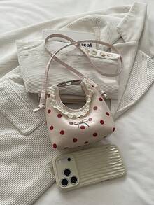Mini Small Bag, Fashionable Lace Ruffle Crescent Bag, Handheld Small Bag, Stylish Red Crossbody Small Bag - Pink - View 5