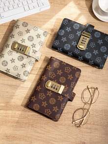 1pc Cash Storage Book, Holds Up To 100 Bills, A6 Size, Password Lock Design, PU Leather, Vintage Classic Print, Rectangular, With Transparent PVC Inner Pocket - A - View 5