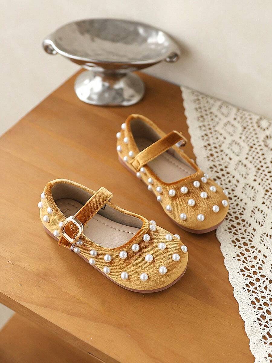 Sepatu Flat Serbaguna Modis dengan Sol Lembut Bermotif Mutiara untuk Bayi Perempuan, Model Putri Kecil - Emas - View 1