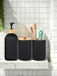 3 piezas/1 set Accesorios de baño Set de dispensador de loción/jabón con bomba manual recargable en negro mate Soporte para cepillo de dientes Caja de almacenamiento para cepillo de dientes y pasta de dientes Adecuado para baño oficina cocina fregadero viaje temporada de vuelta al colegio - Multicolor - Ver 4