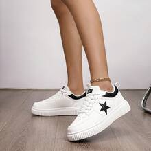 Unisex Star Pattern White Casual Sneakers, Breathable Thick Sole Flat Shoes, Ultra-Lightweight Casual Shoes, Versatile Daily Footwear - Black - View 4