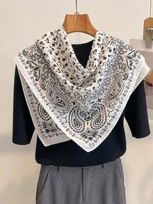 1pc 68*68cm Black & White Paisley Print Cotton Linen Scarf, Thin Multi-Use Scarf For Neck/Shawl/Waist, All Seasons Daily Party - Multicolor - View 7
