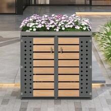 Garbage Can Enclosure, Horizontal Wood Grain Panels, Lockable, Two Doors, Planting Area, Diamond-Shaped Hollow Door Panel - Grey - View 7