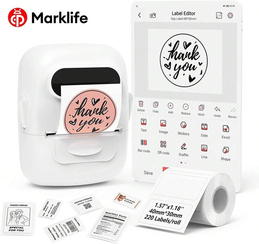 Marklife P50 小型企业及家庭办公便携式打印机，迷你无线标签贴纸制作器，蓝牙热敏标签贴纸打印机