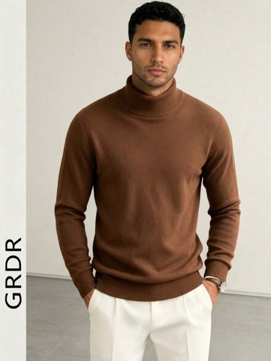 Men's Crew Neck Long Sleeve Sweater, Versatile Everyday Wear Knitted Top - Brown - View 1
