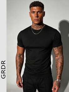 GRDR Men's Fashionable Solid Color Short Sleeve T-Shirt | Exquisite Design | Summer Essential | Easy To Match | Showcase Your Style - Black - View 4