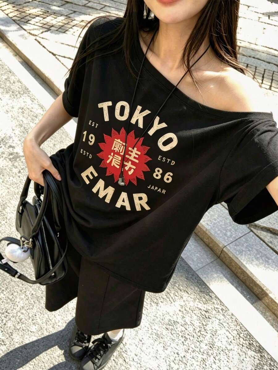 夏季波希米亞風女款露肩短袖T恤,東京日本圖案印花,休閒寬鬆版型上衣 - 黑色 - 查看 1