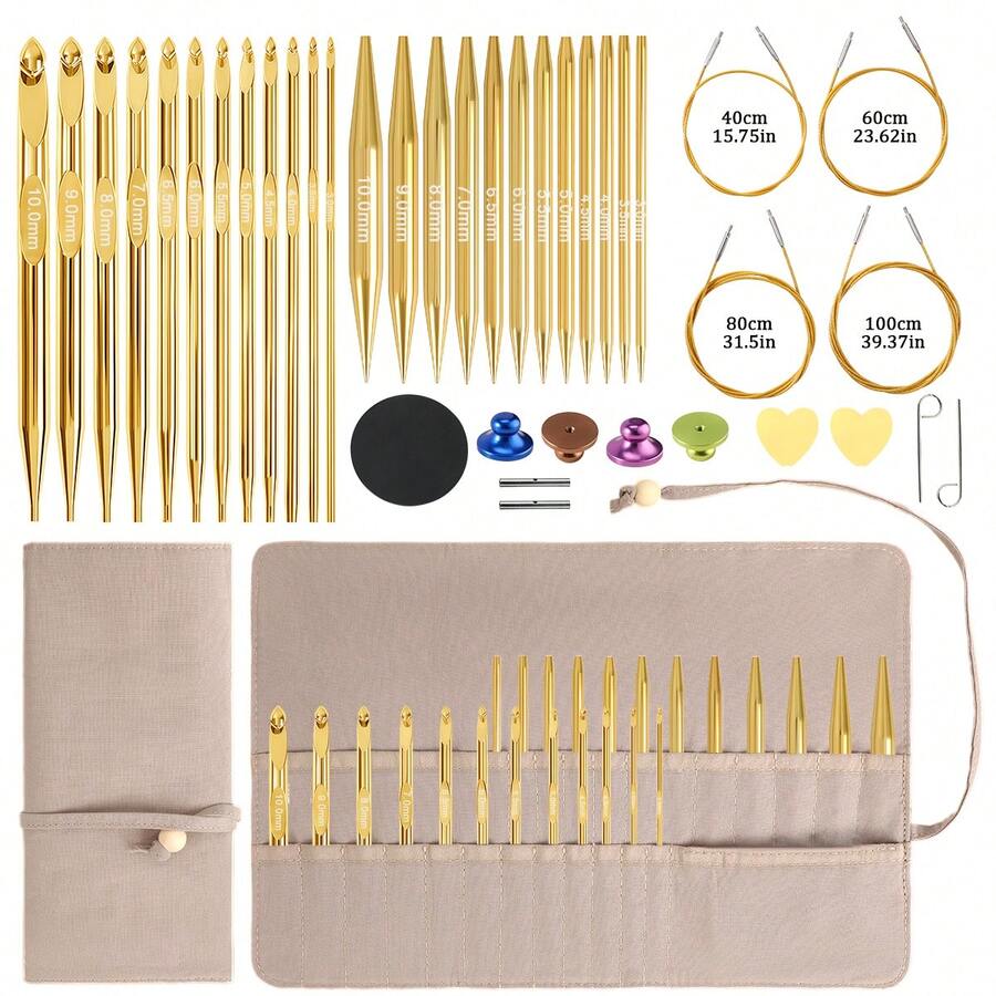 Circular Knitting Needle Set, Gold-Plated Interchangeable Knitting Needles + Extension Cables And Accessories, With Storage Bag, For DIY Knitting Crafts, Suitable For DIY Sewing Knitting Scarves, Hats And Other DIY Projects - Crochet Set - View 1