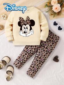 【迪士尼官方授權】Disney Minnie Mouse 女童 2 件組春夏/秋冬休閒套裝，幼童可愛「Minnie Mouse」印花長袖衛衣 + 鬆緊腰豹紋愛心滿版直筒微彈力長褲，女童戶外運動旅行派對表演嬰幼兒服飾，時尚活力親膚柔軟服裝，送禮佳品 - 杏色 - 查看 1