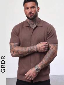 GRDR Minimalist Solid Color Single-Breasted Knit Polo Collar Men's Short Sleeve Top, Cardigan Button-Up Shacket - Brown - View 2