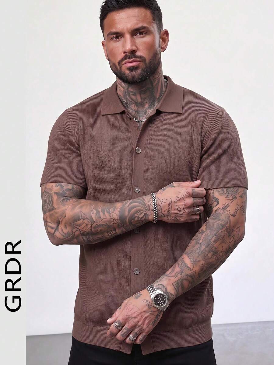 GRDR Minimalist Solid Color Single-Breasted Knit Polo Collar Men's Short Sleeve Top, Cardigan Button-Up Shacket