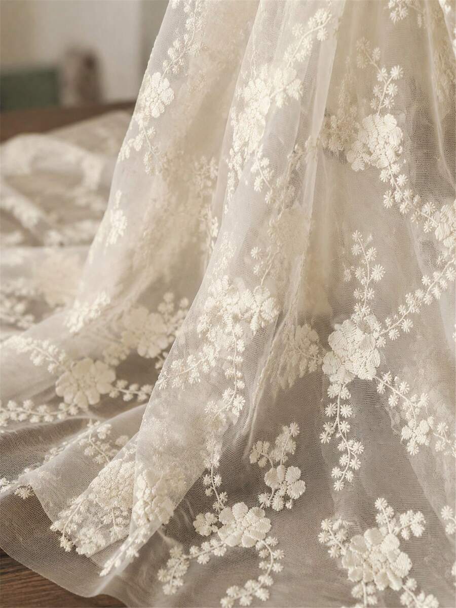 1pc Beige Embroidered Lace Fabric, Semi-Transparent Mesh With Daisy Branch Embroidery, Soft And Delicate Material, Suitable For Curtains, Tablecloths, Decorative Accents, Lightweight And Soft Home Decor