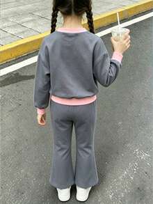 Young Girl Casual Minimalist Blue, Mini Cartoon Pattern, Contrast Cream Pink Striped Short Sleeve Crew Neck Long Sleeve And Pants Set - Light Grey - View 2