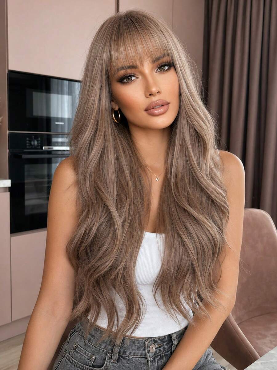 Comfortable Natural Curved 26 Inch Long Curly Wig With Bangs Light Brown Wavy Wig, Women's Synthetic Wig, Suitable For Girls Daily Party Use, Light Brown Heat Resistant Long Wavy Wig - Light Brown - View 1