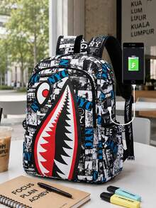 Shark Mouth Print Backpack With USB Charging Port, Large Capacity Laptop Bag For Gen Z Students, Back To School Campus Essential, Street Style, Trip - Multicolor - View 1