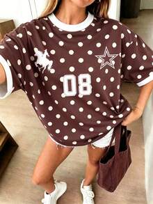 Minimalist Pony Sports T-Shirt, Women's Casual Polka Dot Pattern Loose T-Shirt, Suitable For Outdoor Wear, Street Style, Y2K Clothing, Spring Autumn Summer - Multicolor - View 2