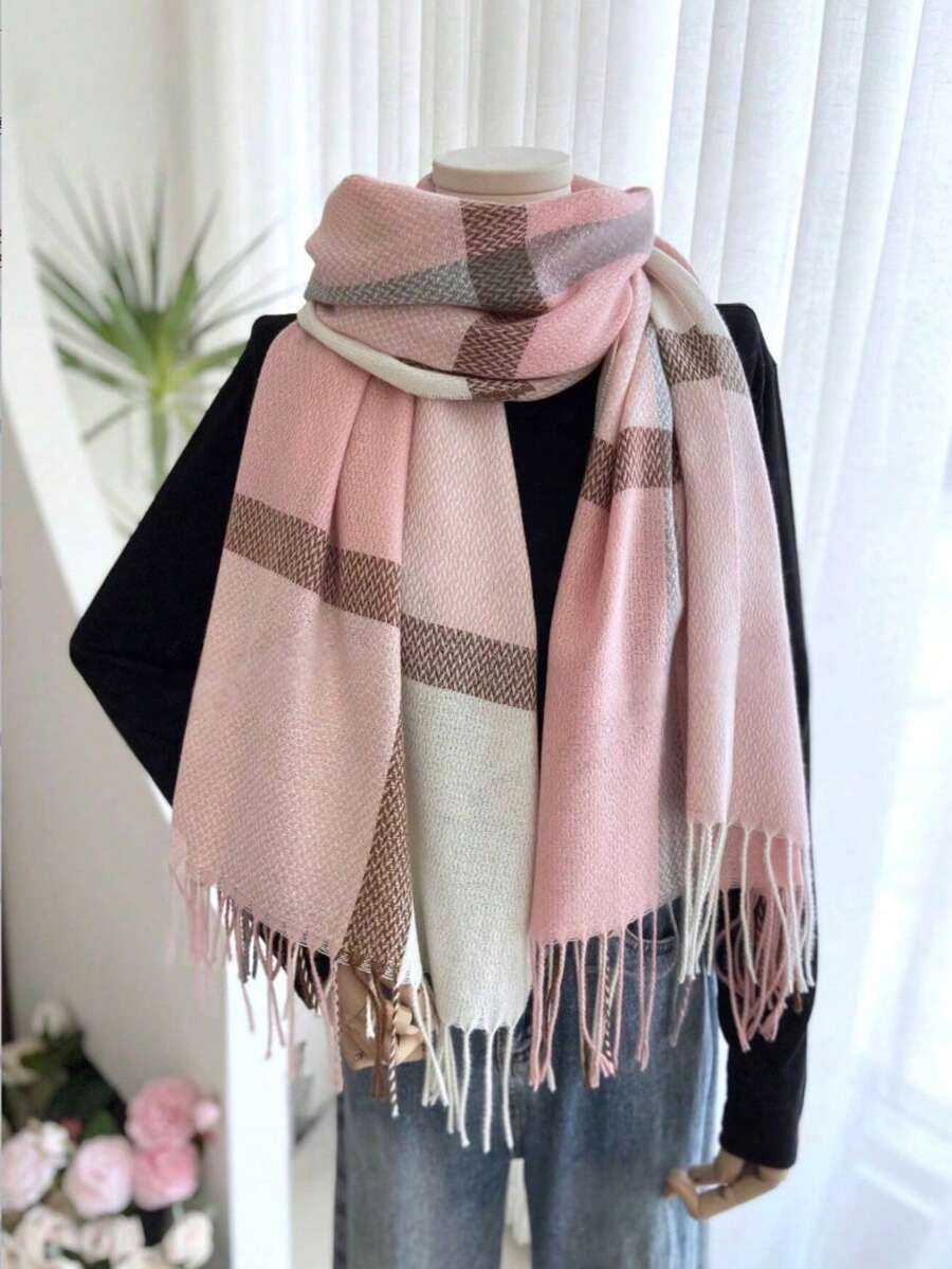 1pc Women's Fashion Floral Lace 40*130 Triangle Scarf, Tassel Lightweight Breathable Headscarf/Shawl - Pink - View 1