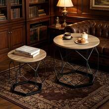 Nordic-Style Coffee Table With Wrought Iron Elements / Simple Round Coffee Table / Round Coffee Table With Removable Tabletop / Stackable Coffee Table / Suitable For Bedrooms And Living Rooms - 卡其色 - 查看 2