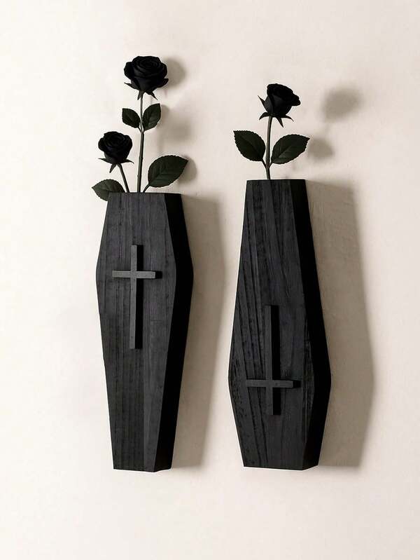 1pc/2pcs Coffin-Shaped Vase Set, Gothic Wooden Cross Vase, Cross Design Vase, Wall-Mounted Or Desktop Bedroom Decor, Garden Outdoor Decor Vase, Gothic Style Vase, Easy To Install All Season, Perfect Halloween Gift, Suitable For Living Room, Bedroom, Garden Wall Decor