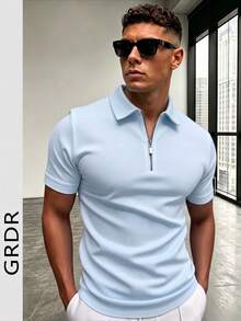 GRDR Men's Summer Polo Collar Half Zip Short Sleeve T-Shirt, Suitable For Outdoor, Vacation And Casual Wear - Baby Blue - View 5