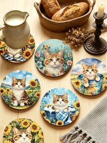 1/6pcs Cute Farm Cat Print Wooden Coasters, Rustic Sunflower Kitten Drink Coaster Set, Coffee Table Heat-Insulating Coasters, Home Decor, Kitchen Bar, Party Tabletop Protection, Non-Slip Beverage Coasters, Cat Lover Housewarming Gift - Multicolor - View 7