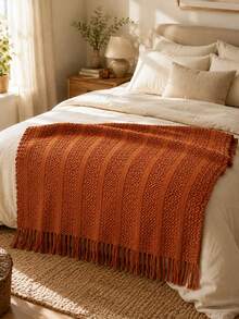 1pc Solid Color Knitted Blanket, Nordic Style Tassel Design Soft Blanket, Office Nap Blanket, Bed Throw, Sofa Blanket, Suitable For Daily Use - Caramelized Towel - View 2