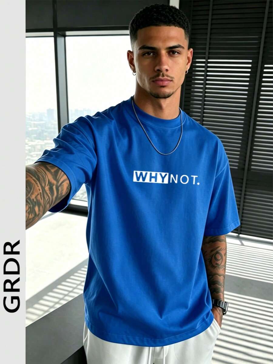 GRDR Men's Summer Letter Slogan Graphic Print Round Neck Short Sleeve T-Shirt, Comfortable & Fashionable - Blue - View 1