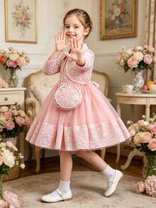 Girls' 3 PiecesLuxury Tulle Princess Dress Set, Long Sleeve Dress, Perfect For Special Occasions - Pink - View 2