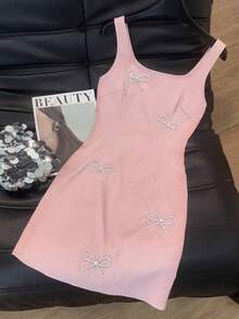 Qadelle Vestido elegante y romántico de línea A con cuello cuadrado y sin mangas, de tela texturizada, color rosa pálido, nuevo lanzamiento de verano - Rosa Pálido - Ver 6