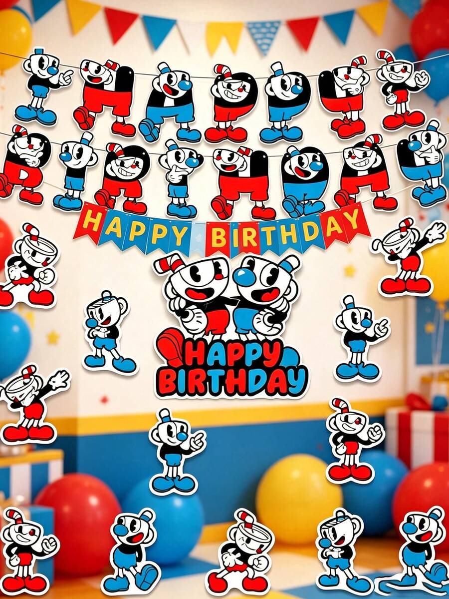 生日裝飾 | 派對用品套裝，含紙製 Happy Birthday 橫幅，適用於通用節日，適合女性與男性，房間裝飾、節日必需品、臥室裝飾、露營必需品 - 茶杯頭 - 查看 1