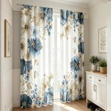 2pcs Elegant Floral Pattern White, Blue And Green 2D Flat Print Curtains. Rod Pocket Design, Semi-Transparent Polyester Curtains Suitable For Decorating Your Living Room, Bedroom, Office Or Kitchen - Multicolor - View 7