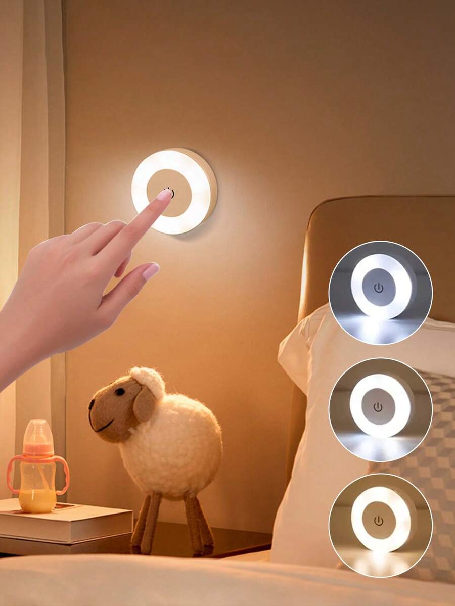 Touch Control LED Night Light, USB Rechargeable, 3-Color Dimmable, Wall-Mounted Bedroom Bedside Lamp, Suitable For Walls, Closets, Kitchens, Under Cabinets And Countertops - One Size Fits All - View 1