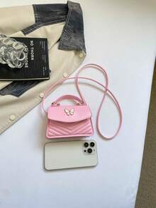 Mini Small Bag V-Shaped Embossed Solid Color PU Ruffled Edge Bow Handbag Flap Crossbody Women's Bag - Pink - View 3