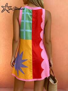 Sea Starshine Spring/Summer New Arrival: Bohemian Style "Dopamine" Color Block A-Line Dress - Features Star And Geometric Prints Elegant - Multicolor - View 2