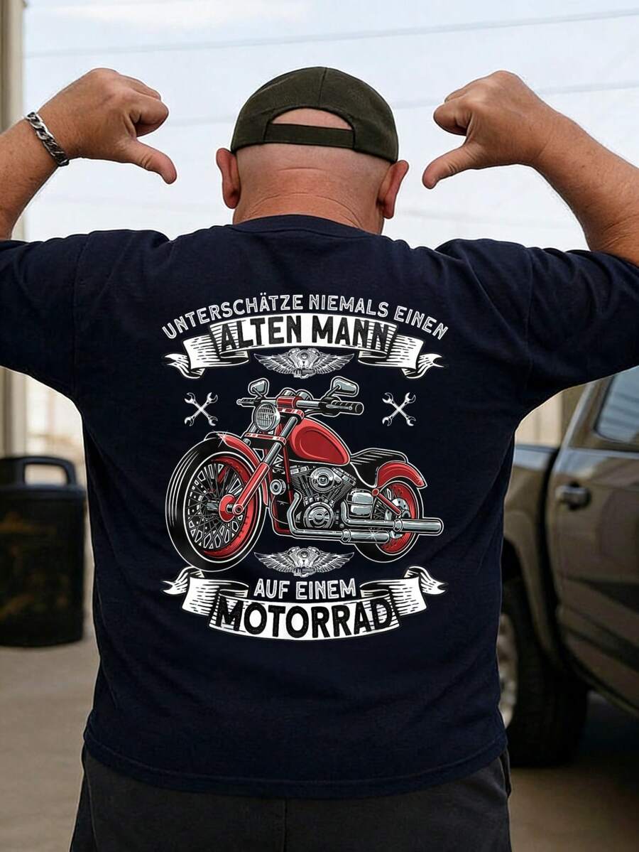 Herren-T-Shirt Schwarz mit Motorrad-Grafik und deutschem Text für Biker-Lifestyle, Übergröße - Schwarz - Übersicht 1