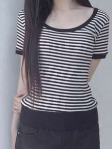 Slim Fit Striped Regular Shoulder Large Scoop Neck Short Sleeve Undershirt Top Casual Summer - Black and White - View 10